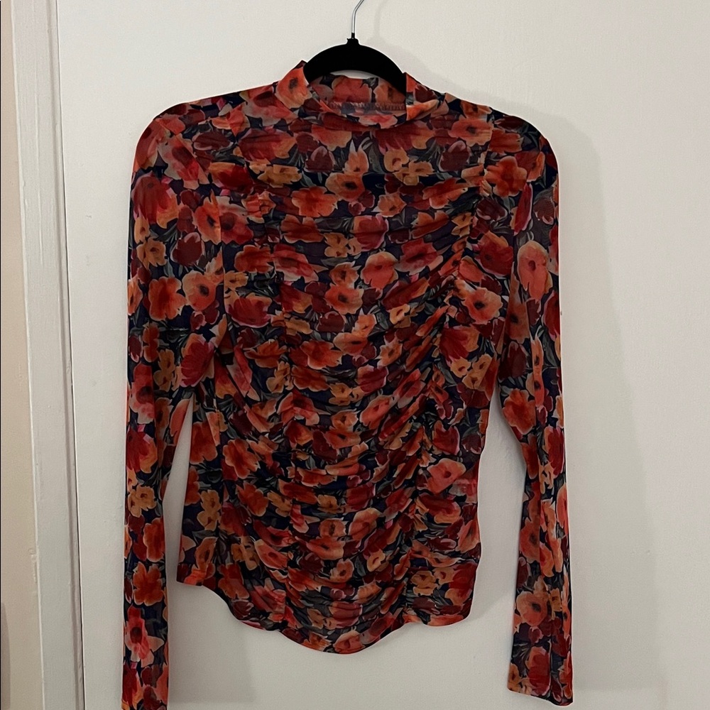 SHEIN Red and Orange Floral Ruched Blouse